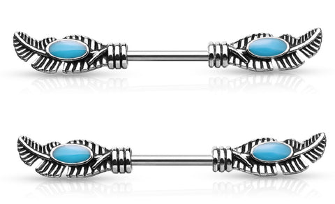 Nipple Ring Tribal Feather Turquoise Enamel Wing Barbell Sold as a pair