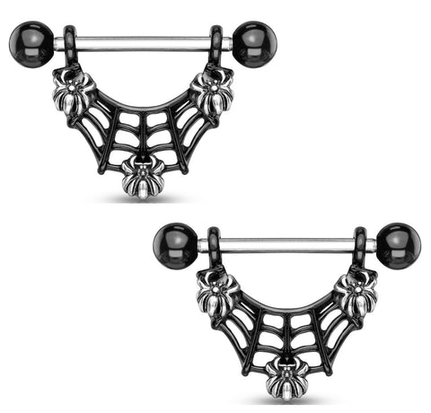 Nipple Ring 3 Spiders Black IP Spider Web Dangle 316L Surgical Steel Sold as a pair
