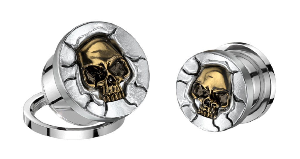 Ear Plug  Protruding Bronze Skull 316L Surgical Steel Screw Fit Tunnel