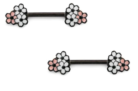 Nipple Ring PVD Black Cherry Blossoms Nipple Barbell Sold as a pair