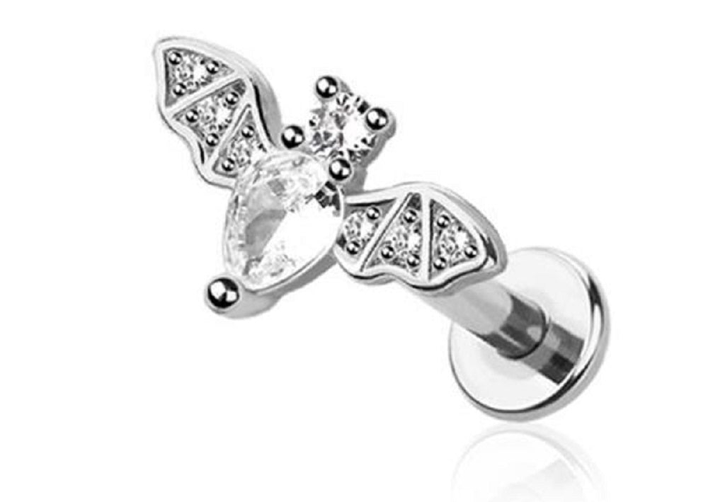 Tragus Bat CZ Prong gem Internally  316L Surgical Steel Cartilage, Barbell Studs