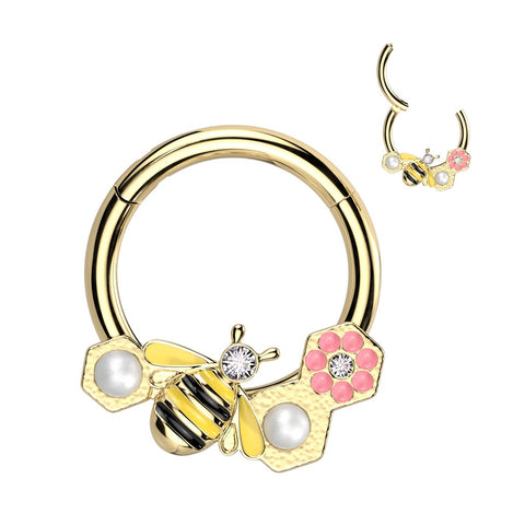 Septum Nose Ring Hinged Segment Ring With Bee, Pink Flower and Pearls