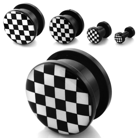 Earrings Black Acrylic Checkered Flag Stash Screw Plug  - Sold as pair  00g