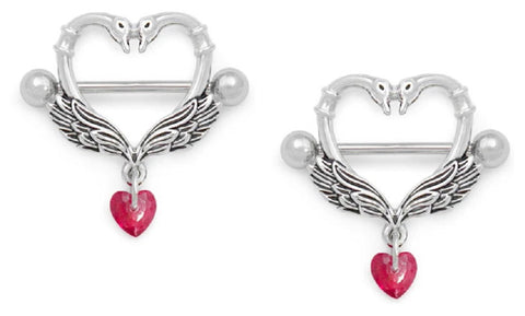 Nipple Ring 14g Burnished Silver Swan Love Heart pair