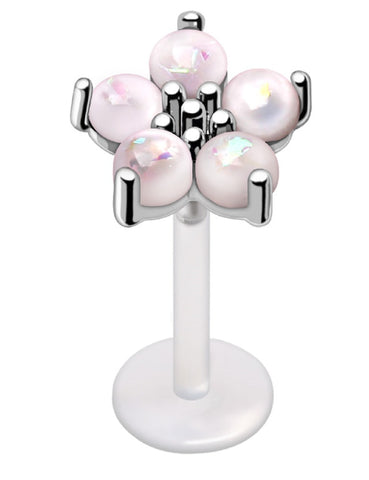 Labret PTFE Push In White Synthetic Opal Flower Cartilage, Barbell Studs