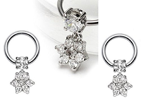 Nipple Ring Dangle Surgical Steel Captive 4mm Round CZ Paved Flower