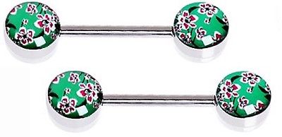 Nipple Ring Barbell Cherry Blossom Body Jewelry Pair 14 gauge Body Piercing bar