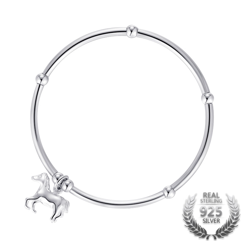 925 Sterling Silver Horse Pendant Bracelet for  DIY Unisex Bracelets and Silver Beads Bracelets Jewelry  (17cm)