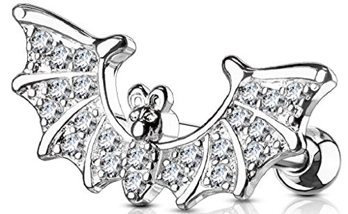 Tragus-Cartilage Barbell Paved Bat Wings Labret lip chin tragus 16g 1pc surgical steel - silvertone