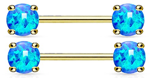 Nipple rings Opal Prong Set 14Kt. Gold Plated 316L Surgical Steel Barbells 9/16'' - Blue - Blue