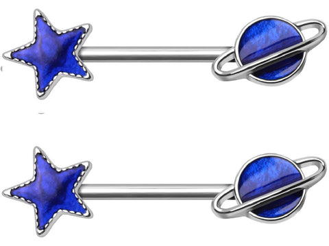 Nipple Ring Stainless Steel Blue Galaxy Nipple Bar Sold as a pair