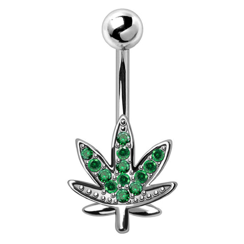 Belly Button Ring 316L Stainless Steel Glittering Pot Leaf Navel