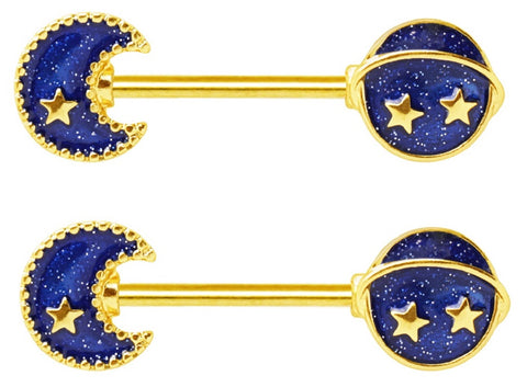 Nipple Ring Stainless Bar Steel Gold Plated Blue Galaxy Stardust Sold as a pair