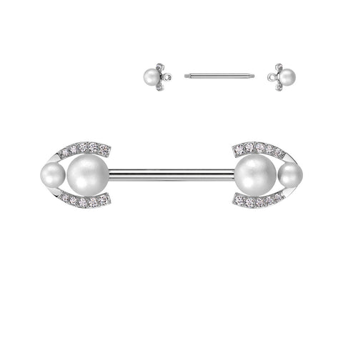 Nipple Ring 316L Surgical Steel Double Pearl CZ Horseshoe Edge Sold as a pair