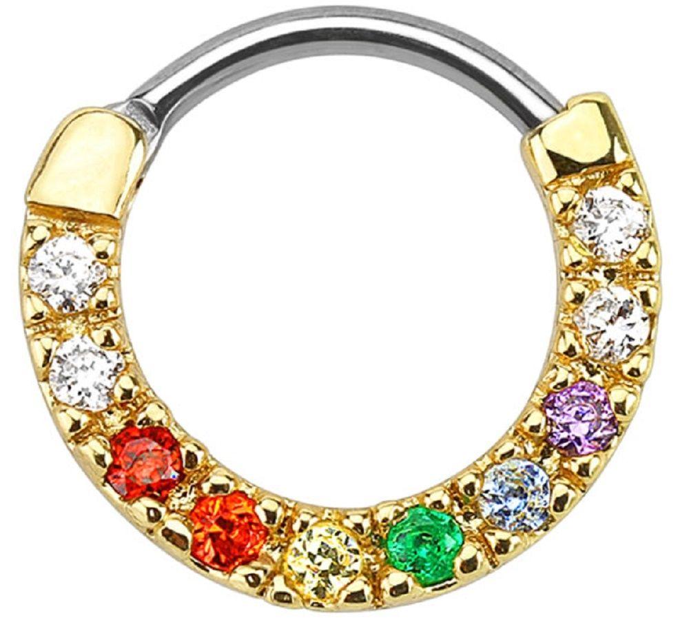 Paved Gem Single Line Gold IP 316L Surgical Steel Septum Clicker Rainbow Nose ring