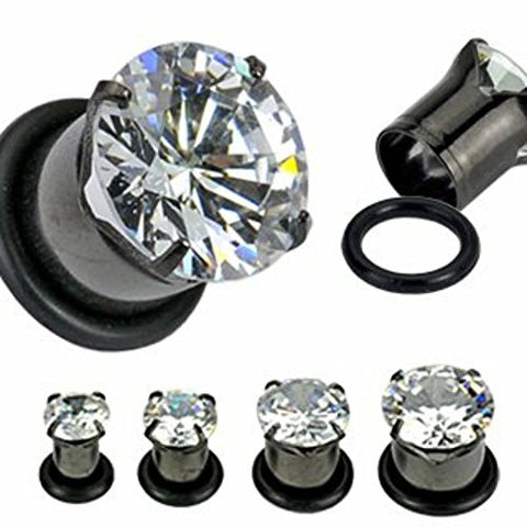 Larger Size Black Titanium Anodized Prong Set Gem Tunnel Plug with O-ring - pair 2 gauge