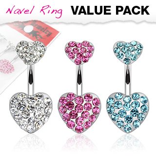 Body Accentz&reg; Belly Button Ring Navel Assorted Color Paved Heart 316L Surgical Steel bar value pack Body Jewelry 14 Gauge