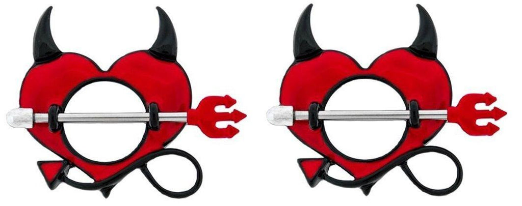 Nipple Ring Shield heart Jewelry Devil Horns Pitchfork 14 gauge Pair