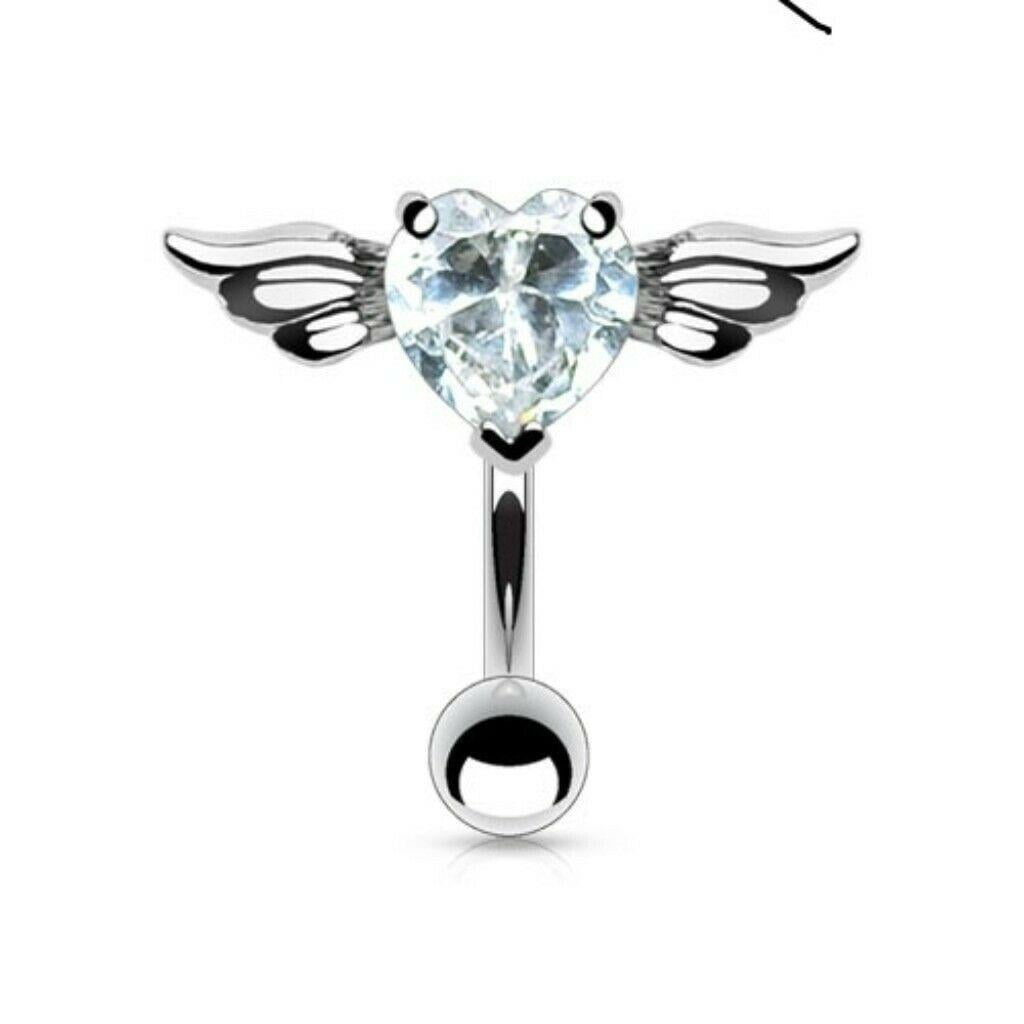 Stainless Steel Belly Button Ring Heart Surgical Steel Angel Wing Heart CZ Navel