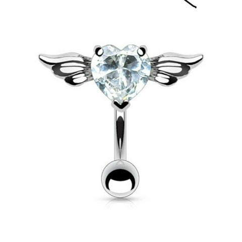 Stainless Steel Belly Button Ring Heart Surgical Steel Angel Wing Heart CZ Navel