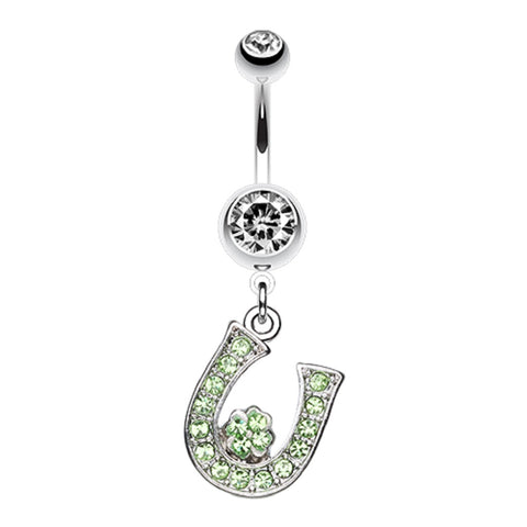 Belly Button Ring Navel Jeweled Four Leaf Clover on Horseshoe