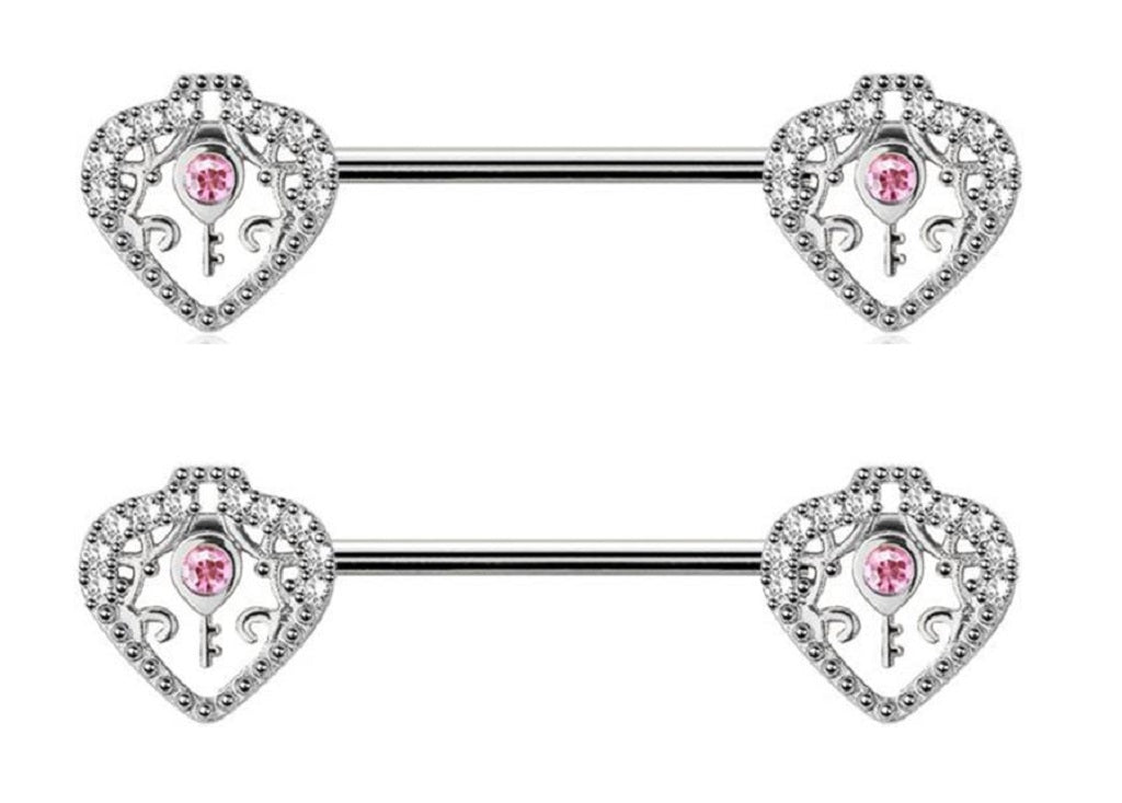 Nipple Ring Heart Key Bar Nipple Barbell Sold as a pair