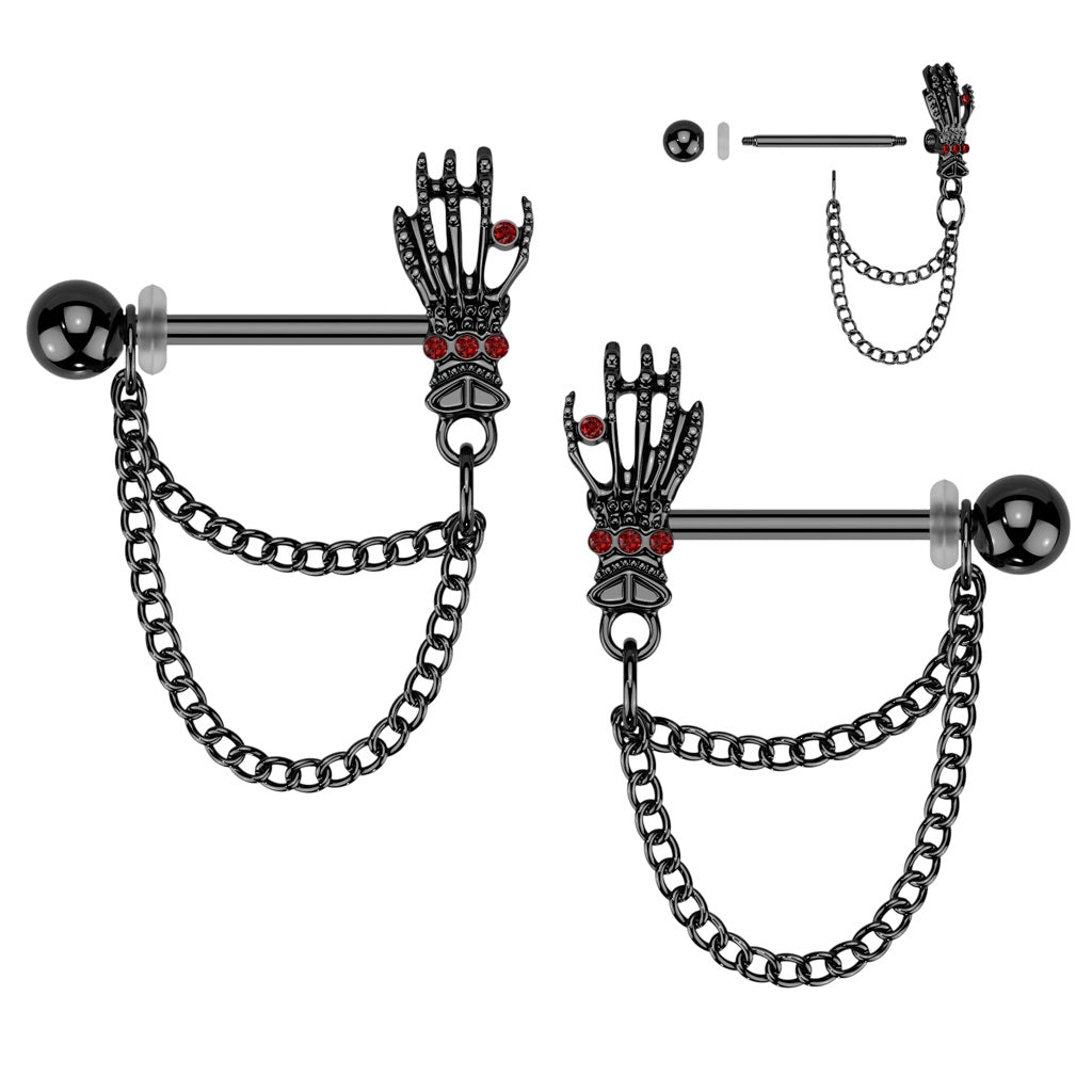 Nipple Ring Red CZ Skull Hands Double Chain Dangle Barbell pair