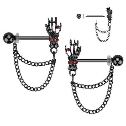 Nipple Ring Red CZ Skull Hands Double Chain Dangle Barbell pair