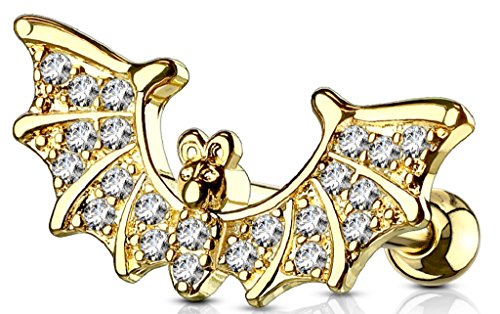 Tragus-Cartilage Barbell Paved Bat Wings Labret lip chin tragus 16g 1pc surgical steel - Goldtone