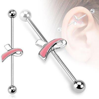 316L Surgical Steel Pink Breast Cancer Awareness Ribbon Industrial Barbell 14...