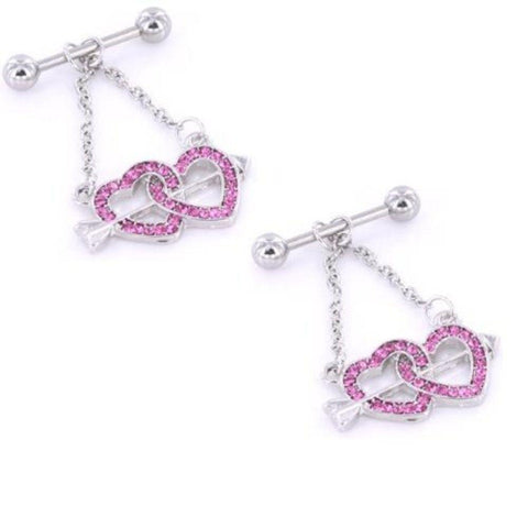 Nipple Ring Bars Cupid Arrow Double Rentwined Heart  14 gauge sold as pair