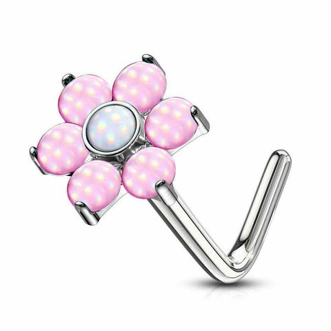 Nose Stud Rings L-Shape with Illuminating Stone Flower Top 20g(.8mm) 1/4(6mm)
