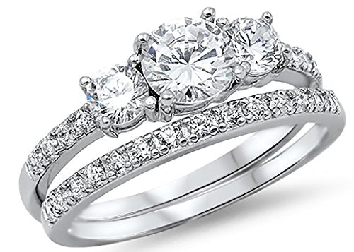 Sterling Silver Past Present Future 2-Pc Bridal Set Engagement Wedding Ring Band W/Cubic Zirconia CZ - 9