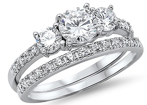 Sterling Silver Past Present Future 2-Pc Bridal Set Engagement Wedding Ring Band W/Cubic Zirconia CZ - 11