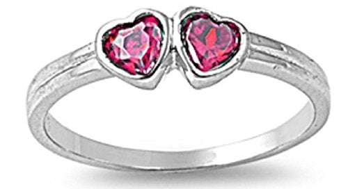 STERLING SILVER RING W/CZ Faux ruby - Double Heart pinky ring Size 4