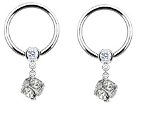 Nipple Ring CZ Dangle Captive Bead Body Jewelry Pair 14 gauge 1/2"