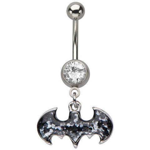 DC Comics Belly Button Ring Navel 316L Surgical Steel, Cubic Zirconia, Logo, Gem, Batman Dangle Body Jewelry 14 Gauge