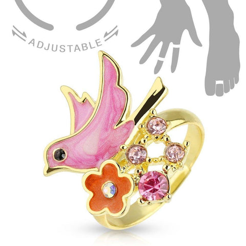 Multi Gem Paved Bird Adjustable Brass Mid-Ring/Toe Ring