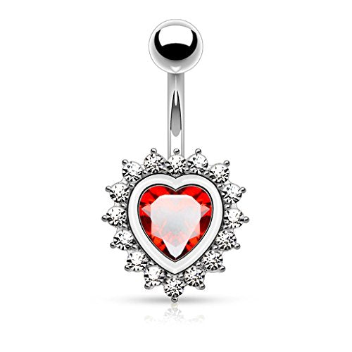 Belly Button Ring Navel Heart Shape Paved CZ Around Large Heart CZ