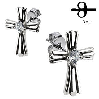 Pair of 316L Surgical Stainless Royal Cross with Clear CZ Center Stud Ear ring Earrings