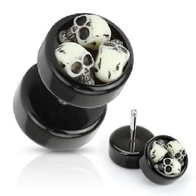 Earrings Rings Cheater Black Acrylic Fake Plug Three Embedded Skulls 16g - Sold as a pair