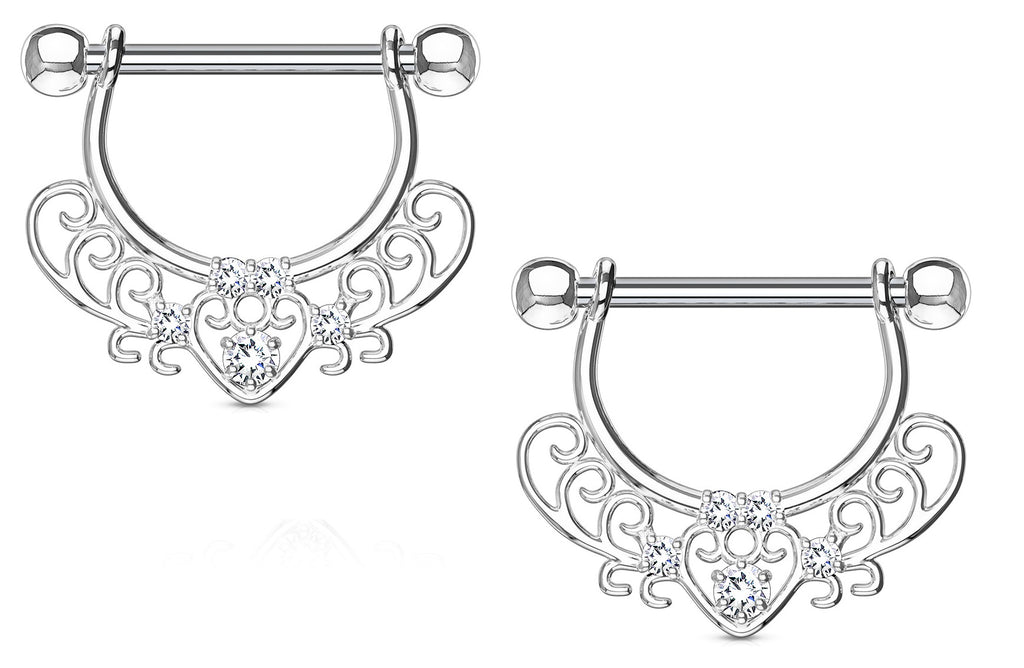 Nipple rings CZ Set Center Heart Filigree Dangle 316L surgical Steel [silvertone]