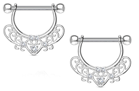 Nipple rings CZ Set Center Heart Filigree Dangle 316L surgical Steel [silvertone]