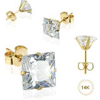 Pair of 14 Karat Gold Stud Earrings with Square AAA quality CZ Body Accentz&reg; ear ring 4mm