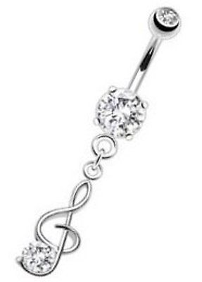 Belly Button Ring Navel  Surgical Steel Music Note  Prong Set CZ Tail Dangle