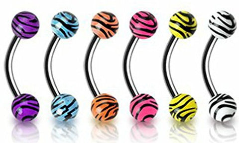 6 Piece Mixed Uv Lot Curved Eye Brow Eyebrow Ring Body Jewelry 16g 5/16" bar 4mm Tiger Print UV Balls Piercing Rings Body Accentz&reg;