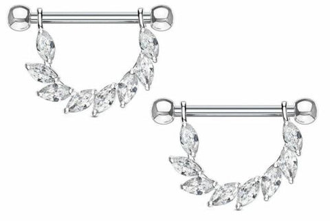 Nipple rings Marquise CZ Bridge Dangle  316L Surgical Steel 14g [silvertone] - silvertone