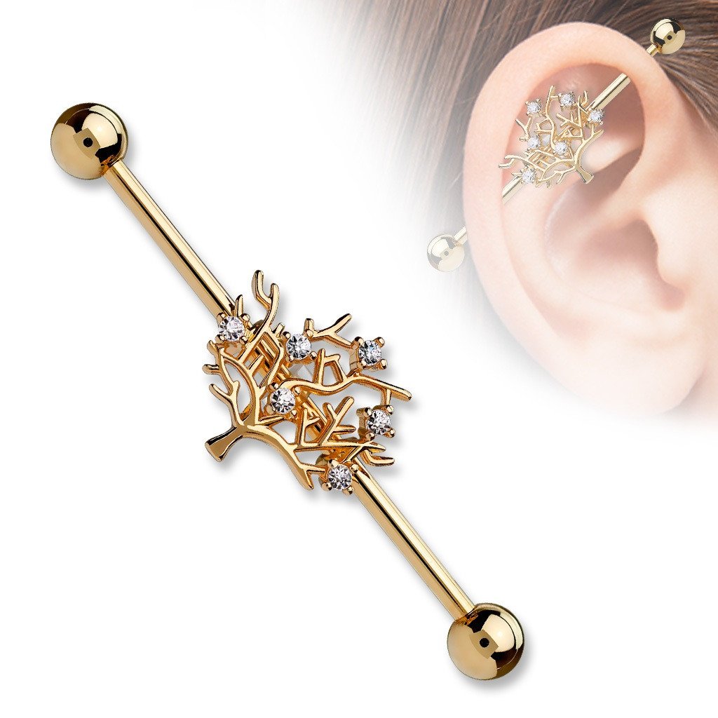 Industrial Barbell CZ Tree of Life 316L Surgical Steel 1 1/2 14g Bar Rose Goldtone