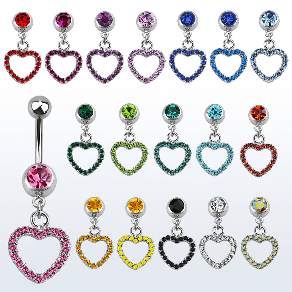 316L surgical steel belly button ring 14g/1.6mm with an 8mm press fit gem ball and a gem studded heart dangling part. Length 3/8"-10mm