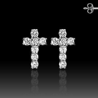 Pair of 925. STERLING SILVER STUD EAR RINGS W/ALL PRONG SET CZ CROSS Rhodium plated Earrings